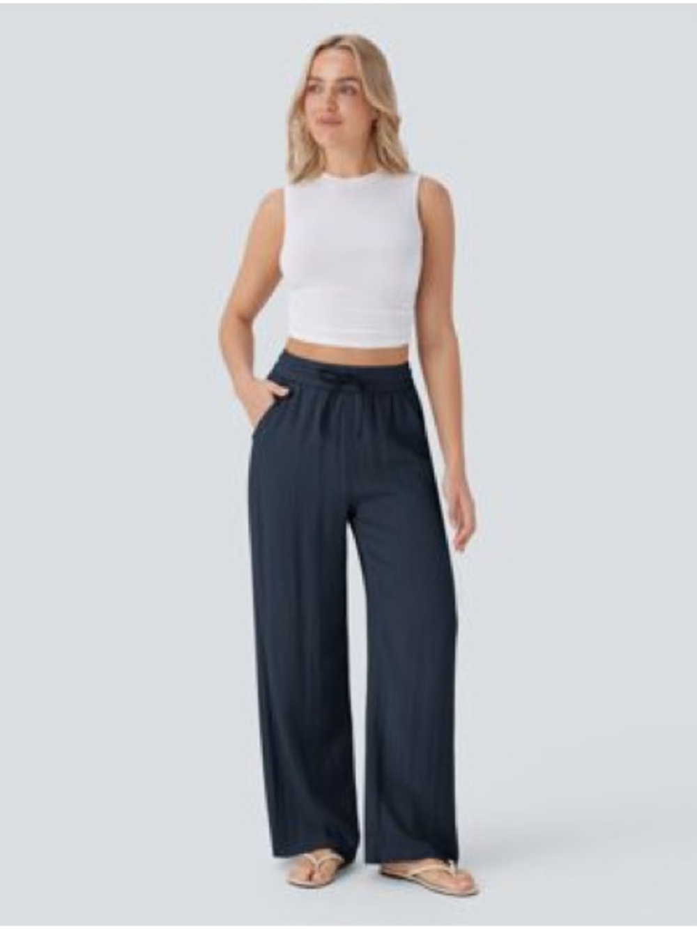 HALARA Drawstring Navy Wide Leg Baggy Causal Linen Feel Pants